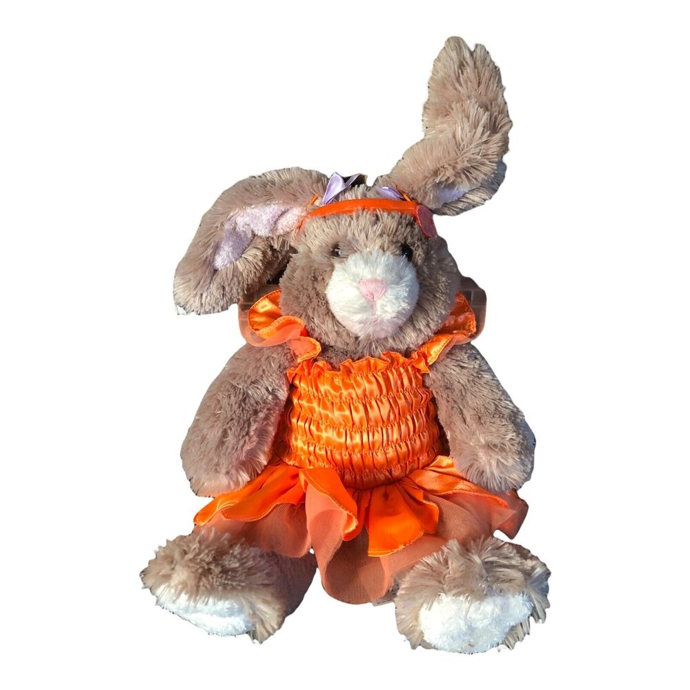 Build A Bear Bunny Tan brown In Orange Tutu + Hair Bows Floppy and Wired Ear‎